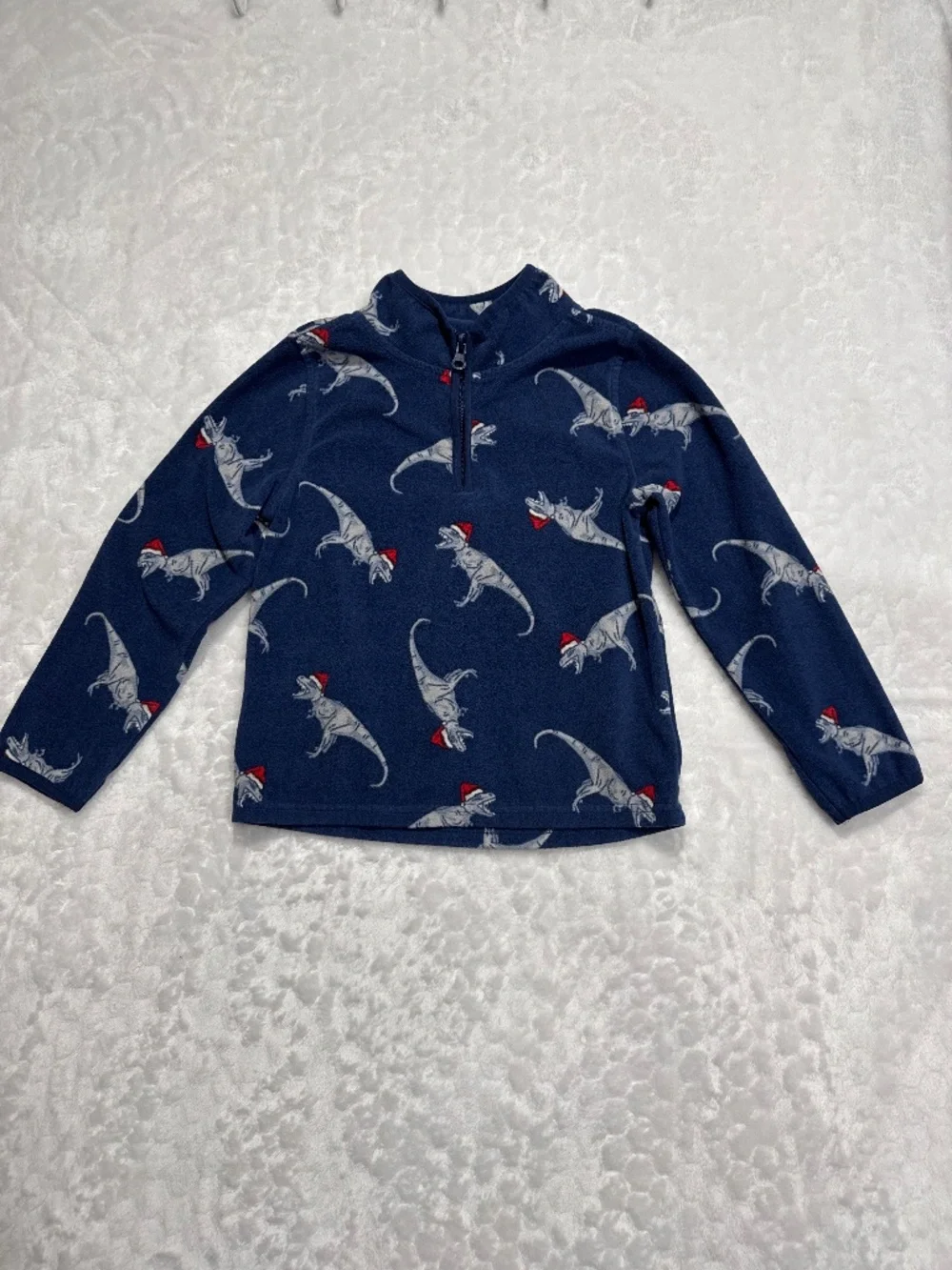 OshKosh B'gosh fleece pullover blue Tyrannosaurs wearing Santa hats boys size 6